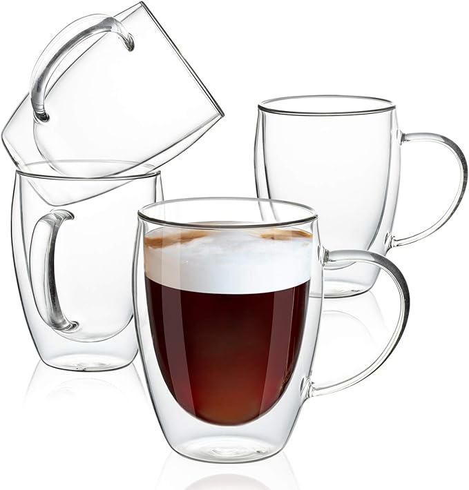 MEWAY 12oz/4 pack Coffee Mugs,Clear Glass Double Wall Cup with handle for Coffee, Tea, Latte, Cappuccino (12 oz，4)