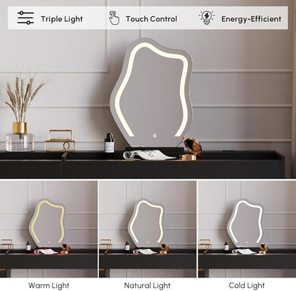 homary Vanity Desk with LED Mirror, Makeup Vanity with Power Outlet and Tempered Glass Top, Makeup Table with 6 Drawers, 3 Lighting Modes Vanity Table with Chair for Bedroom