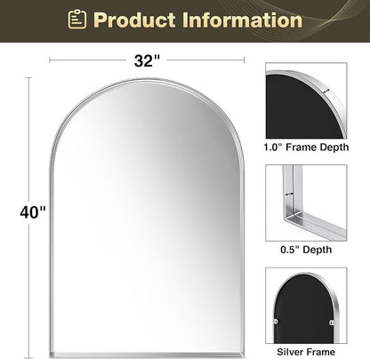 Brightify Arched Mirror, Arched Wall Mirror, 32 x 40 Inch Silver Arch Mirror, Metal Frame Silver Bathroom Mirror, Arched Top Bathroom Vanity Mirror for Living Room Bedroom Mantel Entryway Hallways