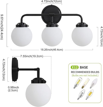 Bathroom Light Fixtures, 18.26'' Black Vanity Light, Modern 3 Lights Wall Sconce with Milky Glass Globe Shade, Mid-Century Bathroom Lighting Fixtures Over Mirror for Bathroom, Living Room