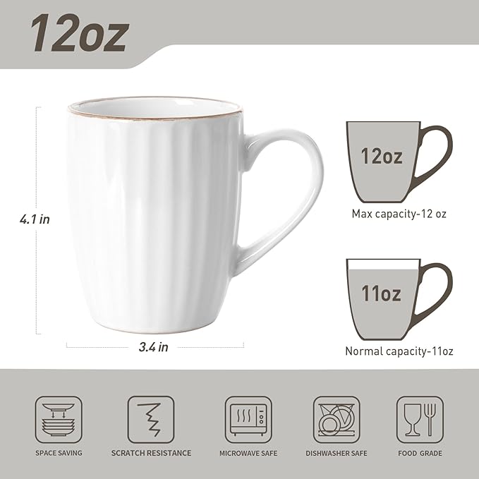 famiware Coffee Mugs Sets for 6, Eden 12 oz Mug Set, Coffee Cups with Handle for Coffee, Tea, Cocoa and Milk, Microwave and Dishwasher Safe, White Stripe
