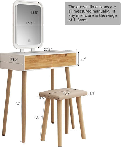 YOURLITE Makeup Vanity Desk with Lights, Small Vanity with Adjustable Brightness Mirror for Small Spaces, Vanity Desk with Drawers 27.5", Square Mirror Wood