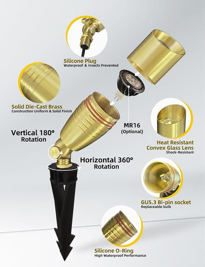 COLOER Die-cast Brass Landscape Spotlight 10-Pack with 5W Aluminum Housing LED MR16 Bulb,12V AC/DC Low Voltage Copper Outdoor Lighting, Directional Garden Patio Spot Up Light (102B Copper Finish)