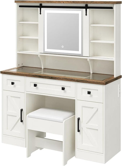 Farmhouse Makeup Vanity Desk with Sliding Mirror and Lights, 47'' Glass Tabletop Vanity Table with Charging Station, Large Vanity Set with Drawers, Stool, Barn Door Dressing Cabinets, White