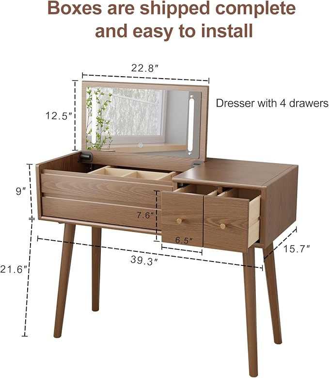 KungFuWood Wood Vanity Desk with Mirror and Lights, Dressing Vanity Table Vanity Set 4 Drawers, 40 Inch Large Make Up Vanity Table Wooden with 3 Lighting Modes Log Color (with Adapter)