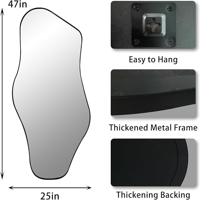 Irregular Wall Mirror, 47"x25" Asymmetrical Aesthetic Mirror with Black Metal Frame, Organic Mirrors for Entryway Hallway Living Room Bathroom Bedroom, Horizontal or Vertical Hanging