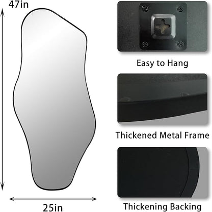 Irregular Wall Mirror, 47"x25" Asymmetrical Aesthetic Mirror with Black Metal Frame, Organic Mirrors for Entryway Hallway Living Room Bathroom Bedroom, Horizontal or Vertical Hanging