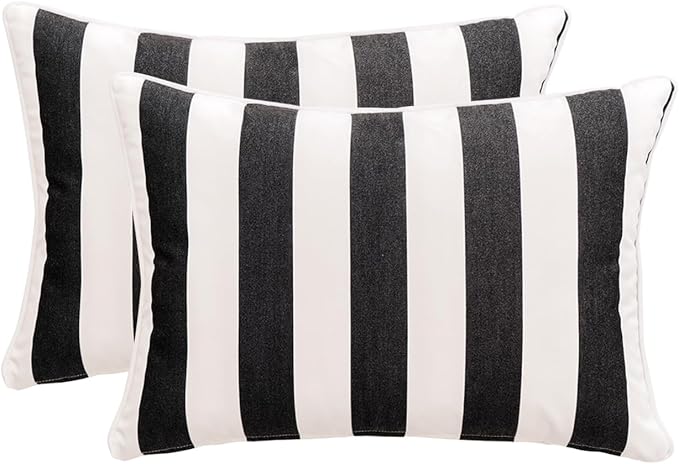 Decorative Patio Throw Pillows Pack of 2 Water Resistant Pillow Set of 2(18" x 12") Double Printed Rectangle Pillow for Outdoor Sofa&Chair,Black Stripes