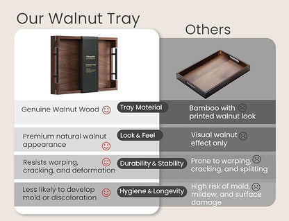 Fibogollo Walnut Wood Serving Tray with Metal Handles,15x10in Ottoman Decorative Trays Platter for Coffee Table,Living Room,Bar(Medium)