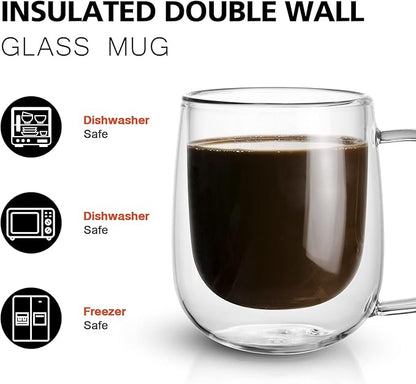 Glass Coffee Mug, 8.5 oz Double Walled Insulated Cup Heat-resistant for Tea Coffee Latte Cappuccino Espresso Iced Tea Dishwasher & Microwave Safe, Set of 1 (Round)