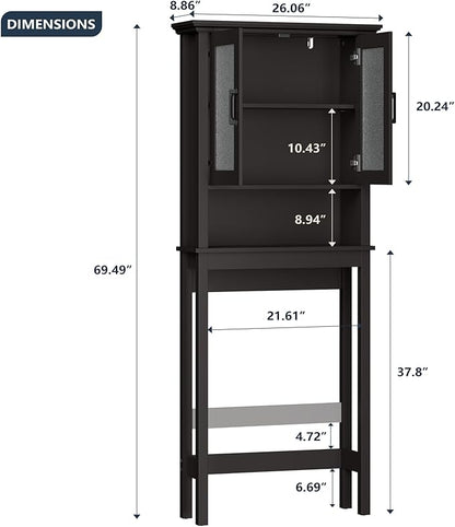 Over The Toilet Storage Cabinet, Over Toilet Bathroom Organizer with Glass Doors and Adjustable Shelf, Thicken Frame Above Toilet Storage Cabinet Behind Toilet Bathroom Organizer, Espresso