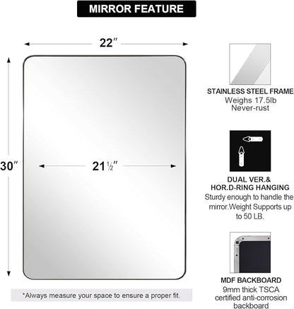 ANDY STAR Chrome Mirror for Bathroom, 22"x30"Metal Frame Wall Mirror, Rectangular Stainless Steel Rounded Corner Mirror with 1" Deep Set Design Hangs Horizontal Or Vertical