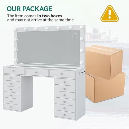 55" W Vanity Desk, Makeup Vanity with Charging Station, 15 Drawers with Lighted Mirror, 3 Lighting Modes, Brightness Adjustable, Glass Top, Vanity Table with Chair for Bedroom, White