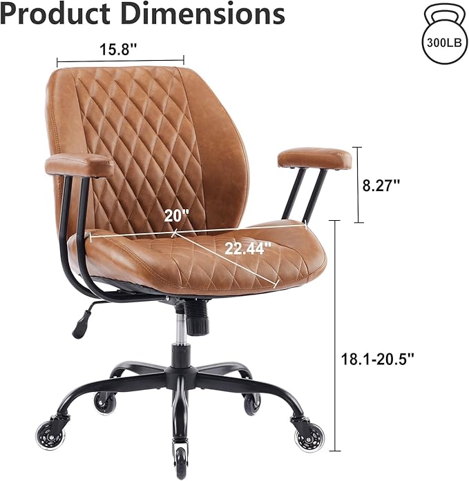 YFO Home Office Desk Chair Office Rubber Casters Ergonomic Computer Chair with Lumbar Support Adjustable Height Rolling Swivel Executive Task Armrests Chair， Brown Leather