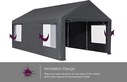Caport 12'x 20' Portable Garage with Removable Door for Car, Truck, Boat, Car Canopy with All-Season Tarp, Grey