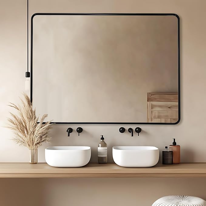 ANDY STAR 48X36 Inch Black Bathroom Mirror, Matte Black Vanity Mirrors for Wall, Rounded Rectangle Mirror for Bathroom, Seamless Tube Metal Frame, 1’’ Deep Wall Mounted Vertical/Horizontal