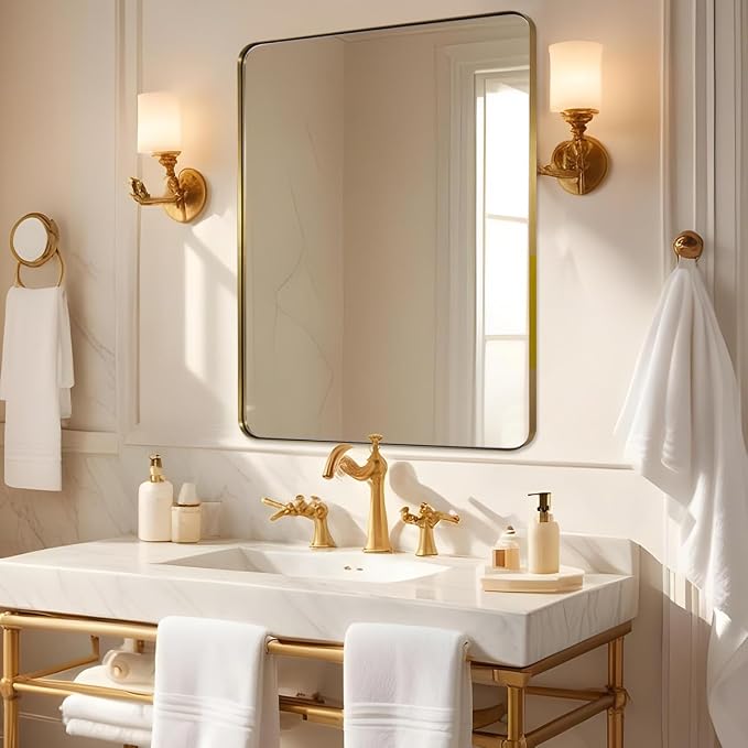 ANDY STAR Gold Bathroom Mirrors for Over Sink, 24x32 Inch Brushed Gold Wall Mirror, Rectangular Metal Framed Vanity Mirror -Modern Clean Design with Superior Stainless Steel Frame