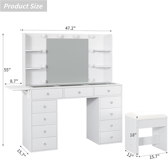 Vanity Desk with Power Outlet, 11 Drawers Makeup Vanity with Lighted Mirror, 3 Colors Adjustable, Glass Top Vanity with Chair, 4 Shelves and Fold-up Panel, Dressing Table for Bedroom, White