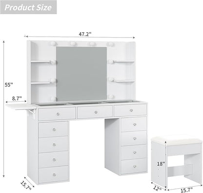 Vanity Desk with Power Outlet, 11 Drawers Makeup Vanity with Lighted Mirror, 3 Colors Adjustable, Glass Top Vanity with Chair, 4 Shelves and Fold-up Panel, Dressing Table for Bedroom, White