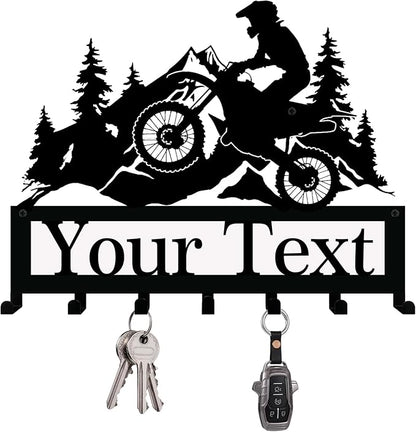NIWAHO Personalized Dirt Bike Key Holder Wall Mount - Custom Metal Name Sign with Hooks for Garage, Motocross Room, or Entryway Decor