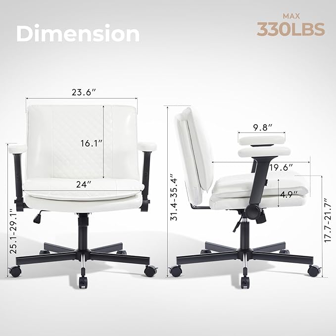 Criss Cross Chair with Flip-Up Arms and Lockable Wheels, Leather Cross Legged Office Desk Chair，Wider 125°Tilting Adjustable Swivel Computer Chair for Home, Apartment, Bedroom,White