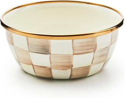 MACKENZIE-CHILDS Enamel Pinch Bowl, Small Bowl for Kitchen Ingredients, 1.5-Cup Capacity, Brown-and-White Mocha Check