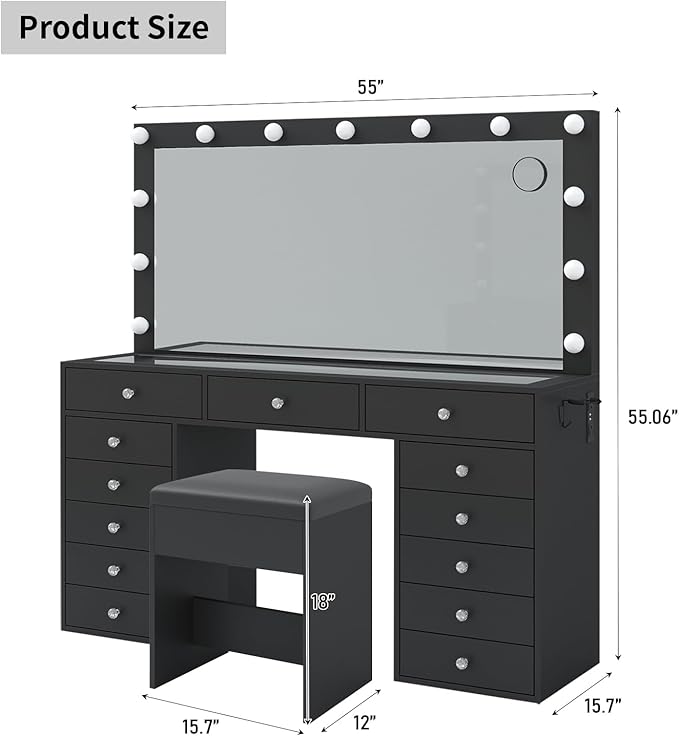 55'' Vanity Desk, Makeup Vanity with Charging Station, 13 Drawers with Lighted Mirror, 3 Lighting Modes, Brightness Adjustable, Glass Top, Vanity Table with Chair for Bedroom, Black