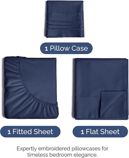 Twin XL Size 3 Piece Sheet Set - Comfy Breathable & Cooling Bed Sheets Set - Hotel Luxury Bedding for Women, Men, Kids, Teens, Boys & Girls - Deep Pockets, Soft, Wrinkle Free - Oeko-Tex - Navy Blue