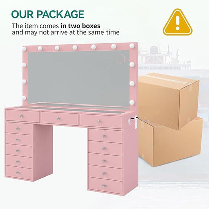 55'' Vanity Desk, Makeup Vanity with Charging Station, 13 Drawers with Lighted Mirror, 3 Lighting Modes, Brightness Adjustable, Glass Top, Vanity Table with Chair for Bedroom, Pink