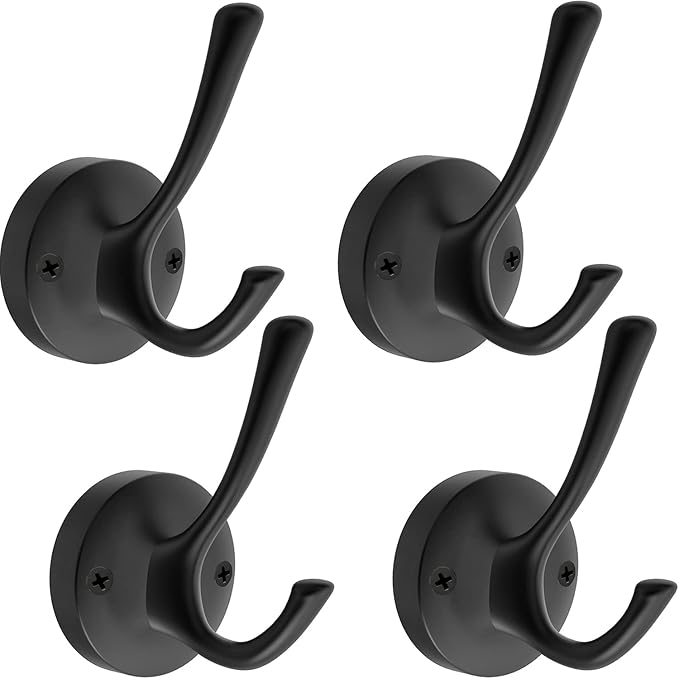 TOFIIGREM Matte Black Wall Hooks, 4 Pack Heavy Duty Coat Towel Hook Metal Double Backpack Hook Wall Mounted, Bath Towel Hooks for Entryway Cubicle Bathroom Closet Garage