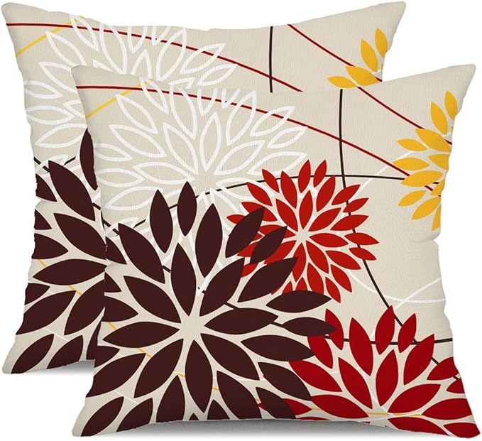 Red Brown Outdoor Pillow Cover 18X18 Inch Set of 2 Outdoor Waterproof Fall Floral Brown Decorative Pillowcase Decor for Couch Patio Funiture Garden Print Polyester Cushion Cover 01K18