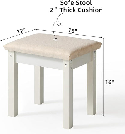 LEYAOYAO Vanity Stool, Elegant Makeup Stool with Comfortable Fabric Cushion, Sturdy Wooden Frame, Modern Vanity Bench for Bedroom and Bathroom-White
