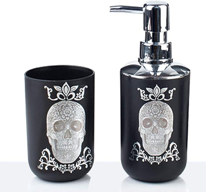 Halloween Bathroom Accessories Set 6 Piece Plastic Bathroom Ensemble Soap Dispenser Toothbrush Holder Tumbler Soap Dish Trash Can Toilet Brush Holder for Decorative Countertop Housewarming Gift(Black)