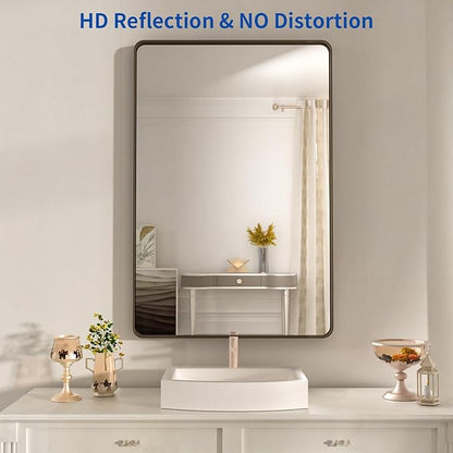WEER 20x30 Inch Bronze Bathroom Mirror for Vanity, Brushed Bronze Metal Frame Mirror for Wall, Rounded Rectangle Bronze Frame Mirror with Tempered Glass, Anti-Rust (Horizontal/Vertical)