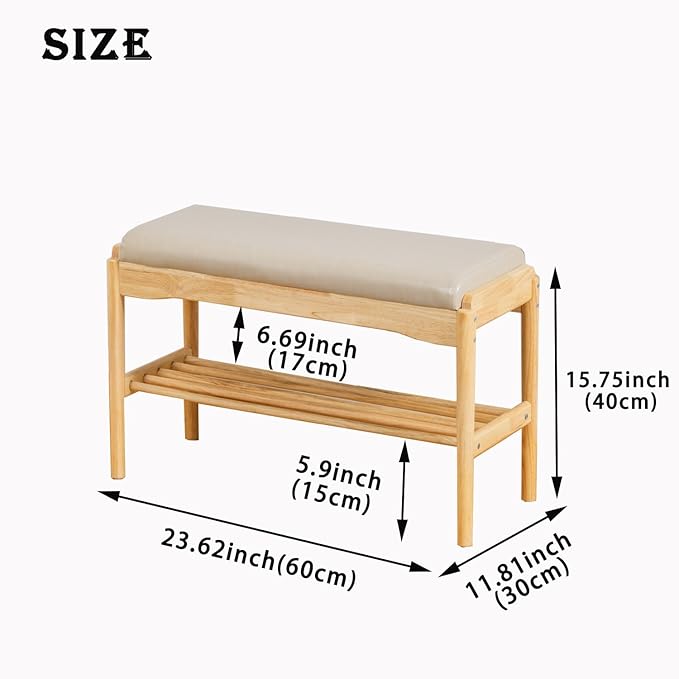 latifolia Small Shoe Bench, Solid Wood Bench with Cushion, 2 Tier Shoe Storage Organizer for Entryway(Nature,23.62''L)