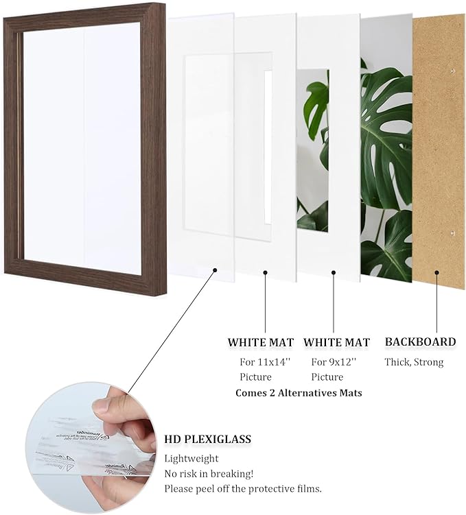 Egofine 12x16 Picture Frame Made of Solid Wood with Plexiglass, Display Pictures 9x12/11x14 with Mat or 12x16 Without Mat for Wall Mounting, Rustic Brown