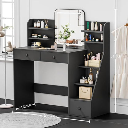 Black Makeup Vanity Desk with Square LED Mirror & 6 Open Shelves - 3-Color Adjustable Lighting, 3 Drawers + Right-Side Sloped Design, Dressing Table for Bedroom, Women, Teens