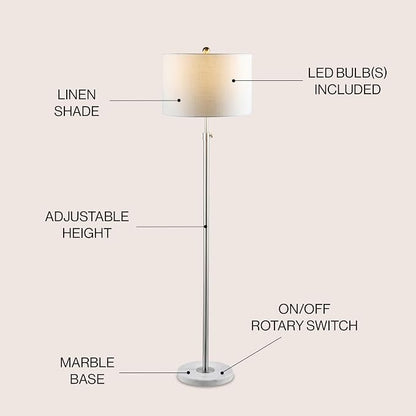 JONATHAN Y 66" Chrome and White Marble Adjustable LED Floor Lamp, Modern Glam Standing Light for Living Room Bedroom, White Linen Shade, Bulb Included (JYL3022C)