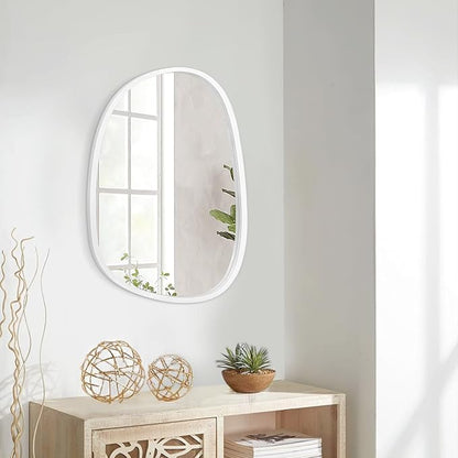 Asymmetrical Mirror Irregular Wall Mirror Oval Wood Frame Wall Mirror for Bathroom Wall Mirrors Decorative for Bedroom Living Room Entryway Hallway Unique Hanging Mirror White