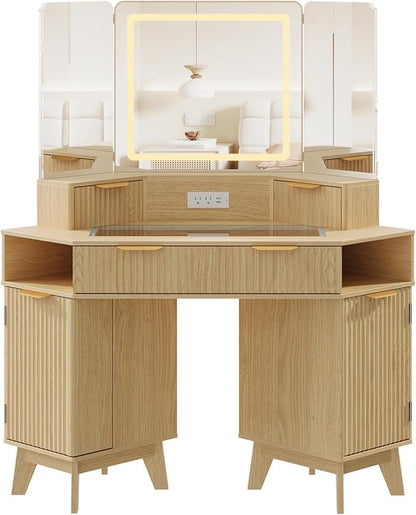 48 Inch Fluted Makeup Vanity Desk with Mirror and Lights, Modern Corner Makeup Vanity with Glass Top, Charging Outlet & 3-Panel Lighted Mirror, Dressing Table for Bedroom