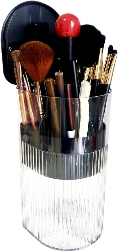 Makeup Brush Holder with Lid, One-Hand Press Open/Close Mechanism Cosmetic Tools Organizer, Clear Waterproof Dustproof Make Up Storage for Vanity, Bathroom Countertop-Black-Red Ball
