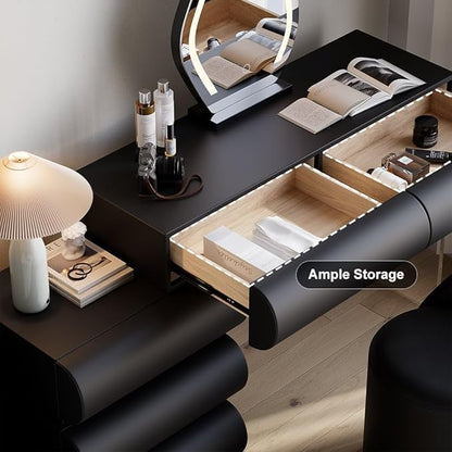 homary Black Makeup Vanity Set with LED Mirror and Dressing Stool, Modern PU Leather Dressing Table with Drawers for Bedroom, Ideal for Women Girls (Black)