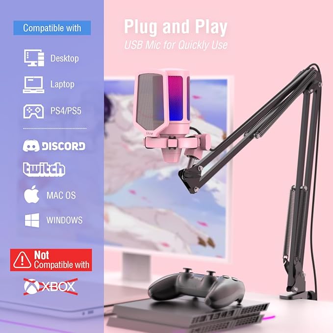 FIFINE Gaming USB Microphone Kit, PC Streaming Recording Computer RGB