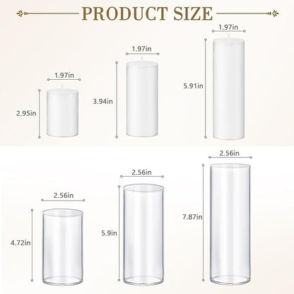 12 PCS White Pillar Candles with Glass Candle Holders Clear Hurricane Candle Holders Glass Cylinder Vases for Centerpieces Wedding Party, Event, Home Office (6 Candles+6 Candle Hoders)