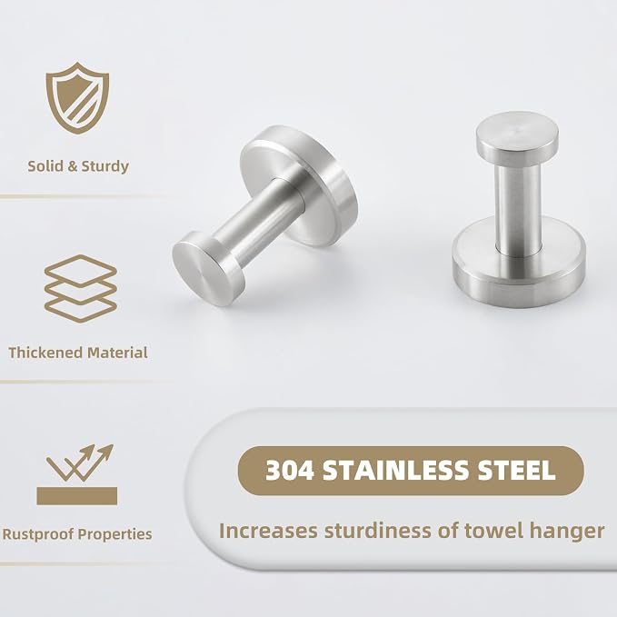 APLusee Brushed Nickel Bathroom Towel Hooks, 304 Stainless Steel Coat Hook 2 Pack, Heavy Duty Towel Hanger for Bathroom, Wall Mounted