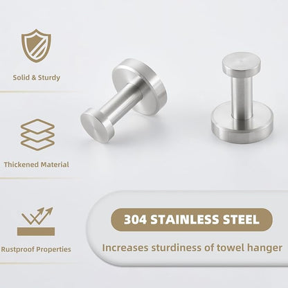 APLusee Brushed Nickel Bathroom Towel Hooks, 304 Stainless Steel Coat Hook 2 Pack, Heavy Duty Towel Hanger for Bathroom, Wall Mounted