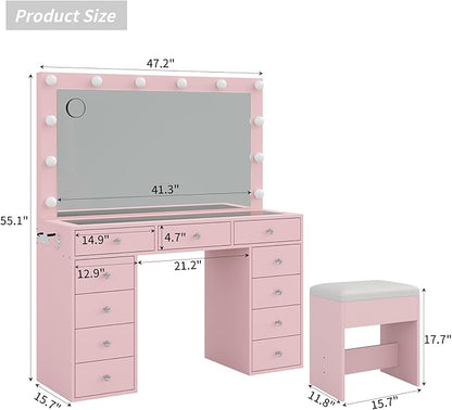 11 Drawers Vanity Desk with Power Outlet, Makeup Vanity with Mirror and 12 LED Lights, 3 Lighting Modes, Glass Top, Dressing Table for Bedroom, Pink