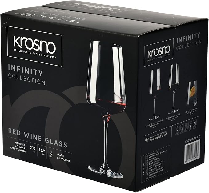 Krosno Red Wine Glasses | Elegant Design | Set of 6 | 16.9 oz | Infinity Collection | Ideal for Home, Restaurants and Receptions | Dishwasher Safe | Lead-Free Crystal Glass