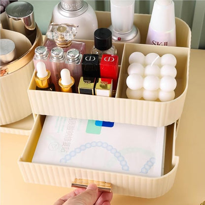 Makeup Organizer Countertop with Drawer 360 Rotating Brush Holder Storage Large Capacity Skincare Cosmetic Display Cases for Vanity Bathroom Desktop, Model 3016 Cream