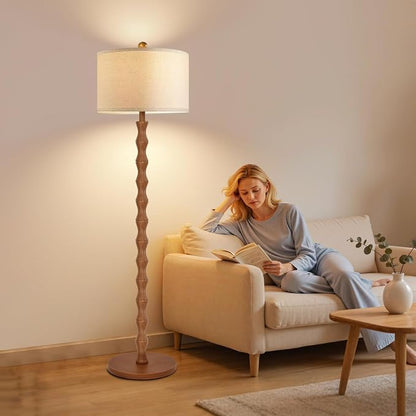 ZECOXOL Wood Floor Lamp with 3 Color Temperatures,Boho Floor Lamp with Remote Control,Dimmable Vintage Floor Lamp Mid Century Modern Standing Lamp Farmhouse Tall Pole Lamp for Living Room Bedroom